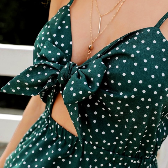 Green Polka Dot Layered Front Tie Cami Mini Dress - Picture 4 of 8